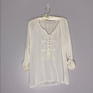 Bohemian embroidered ivory tab sleeve blouse large women’s blouse